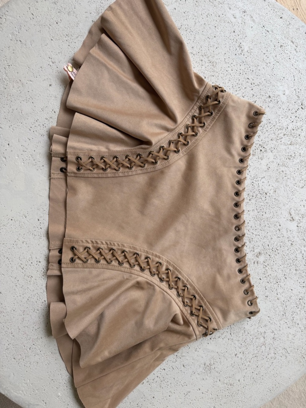 Oh Polly Jalsa Lace-Up Mid-Rise Mini Skirt in Tan
